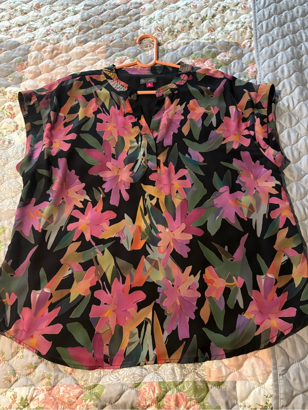 Vince Camuto Black Blouse with Pink & Green Floral Print